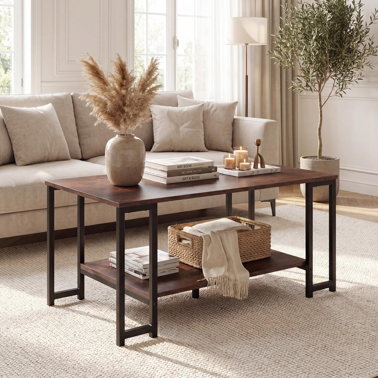 2-Tier Coffee Table Modern Accent Table with Open Storage Shelf Center Table