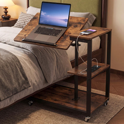 Height Adjustable C-Shaped Side Table with Charging Station, Wheels