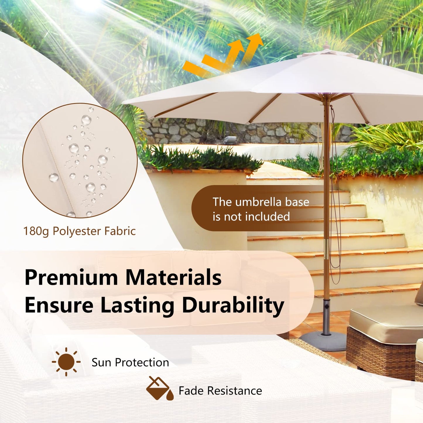 Pulley Operated Wood Patio Umbrella with 3 Gear Position and 8 Ribs