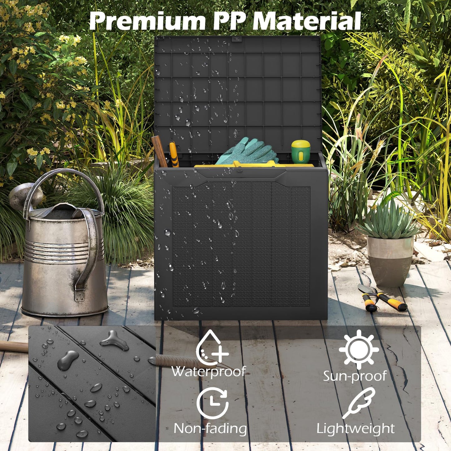 96L Outdoor Storage Box with Lockable Lid and Wicker-Woven Texture