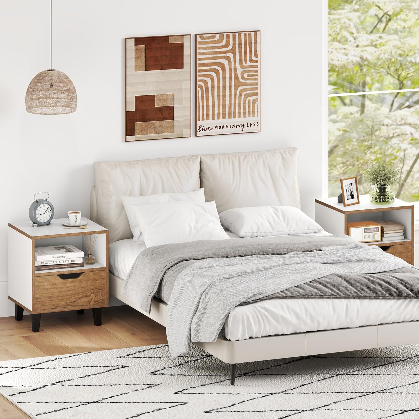 Mid Century Modern Nightstand Set of 2 with Drawer and Open storage Shelf