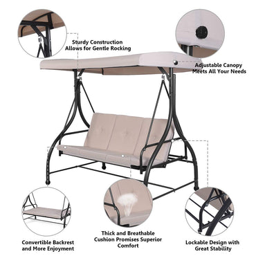 3 Seater Convertible Outdoor Hammock Bench Chair with Adjustable Canopy and Cushions