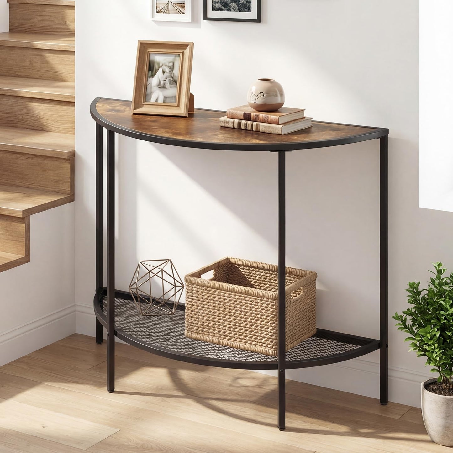 2-Tier Console Table, Half Moon Industrial Narrow Entryway Table