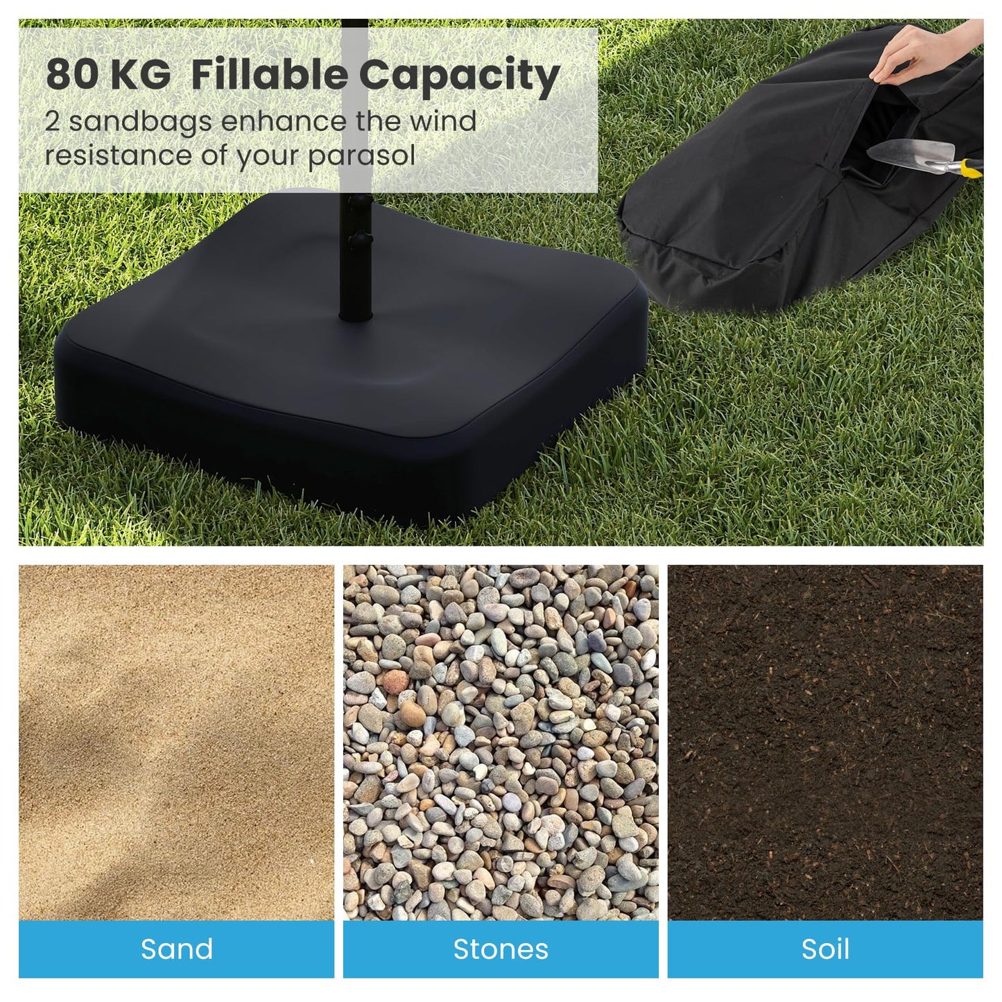Giantex Square Parasol Base Weight Bag, 80KG Sand Fillable Umbrella Stand
