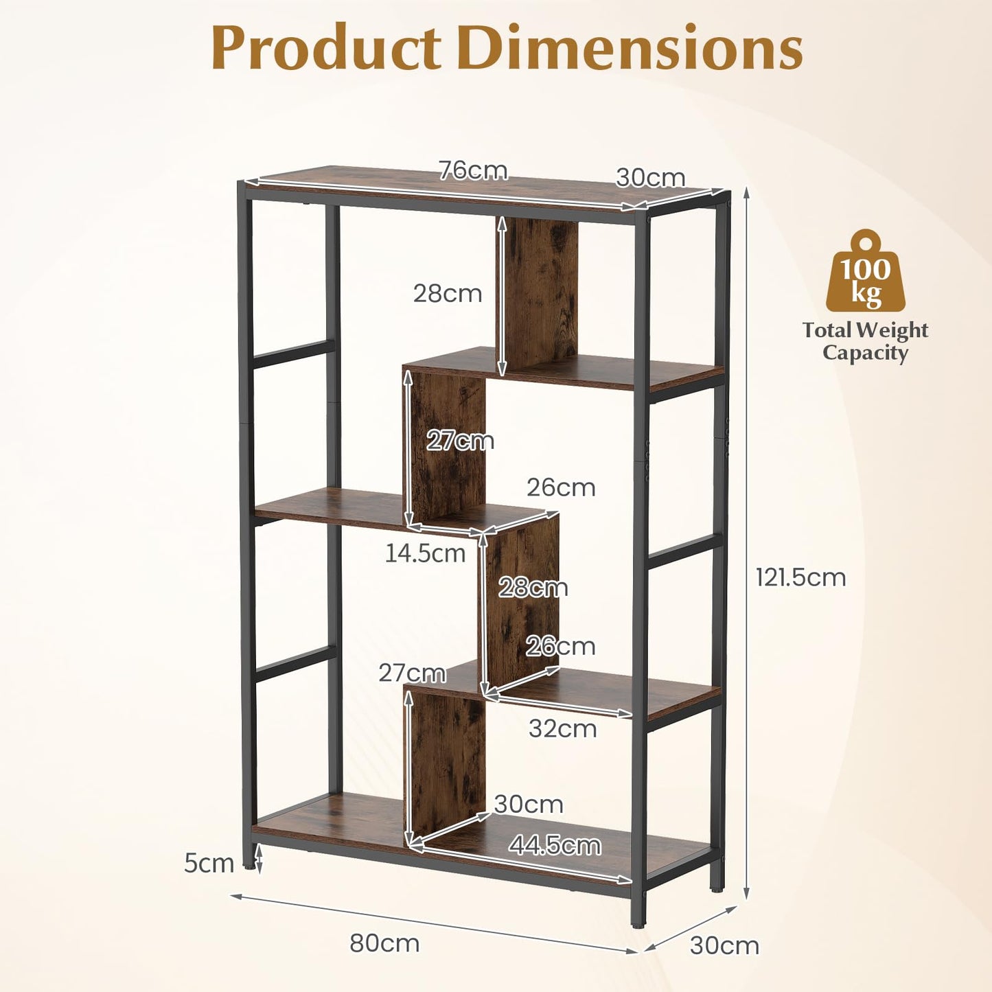 5-Tier Geometric Bookshelf with Open Shelves (Golden + White) | Metal Frame Bookcase Display Stand