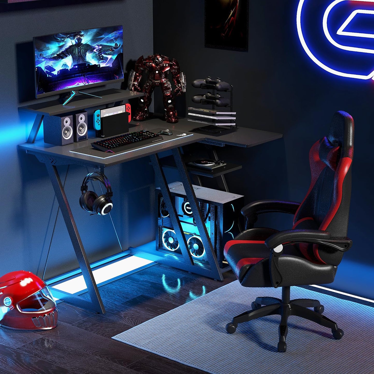 L-Shaped Gaming Desk with Outlets USB Ports and Monitor Shelf