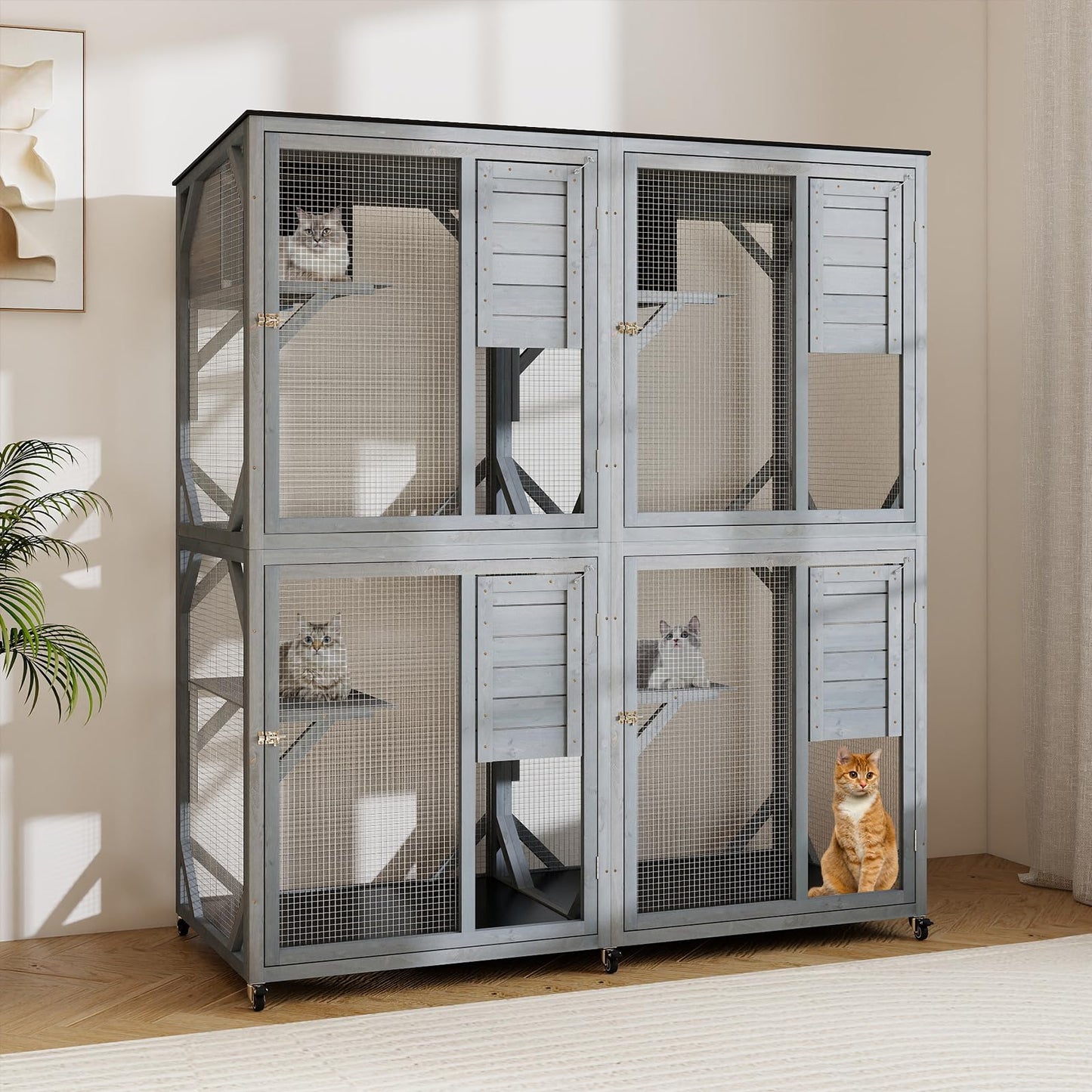 Spacious Fir Wood Outdoor Cat Enclosure with 2 Rest Nooks and 4 Activity Platforms