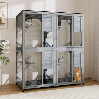Spacious Fir Wood Outdoor Cat Enclosure with 2 Rest Nooks and 4 Activity Platforms