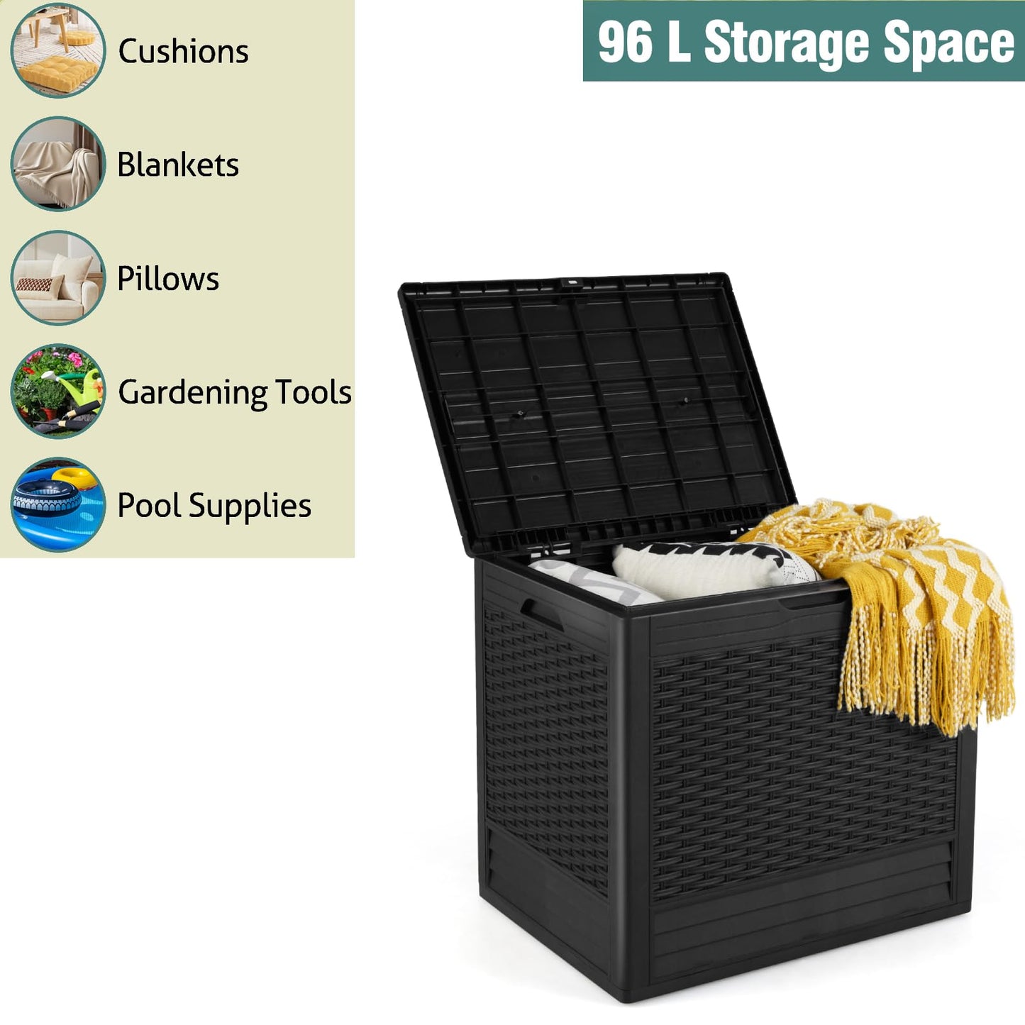 96 L Outdoor Storage Box with Rattan Patterns and Lockable Lid