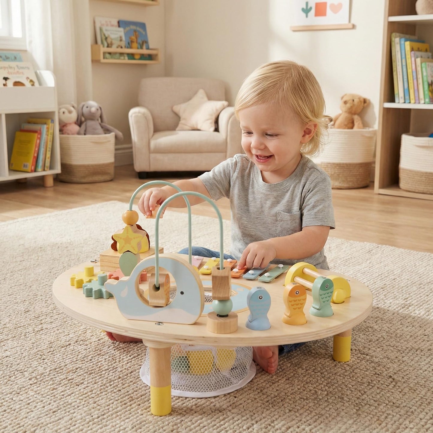 Activity Table for 1+ Year Old, 7-in-1 Wooden Montessori Toy Busy Board
