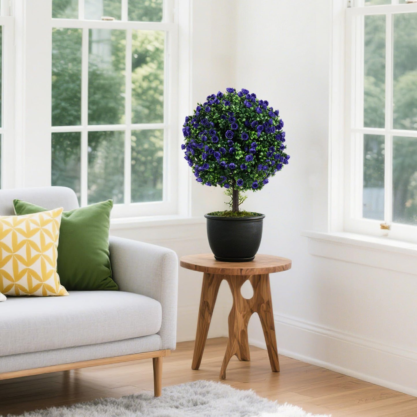 Set of 2 Artificial Purple Rose Topiary Ball Trees 55cm Faux Boxwood Ball Tree