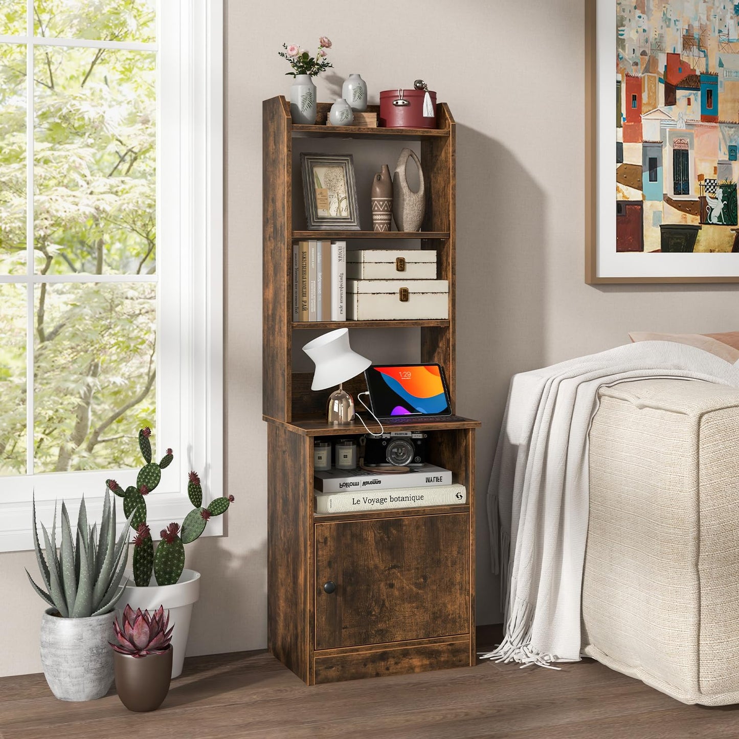 6-Tier Nightstand with Charging Station Bedside Tables Tall Night Stands
