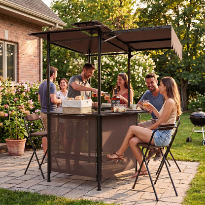 3-Piece Patio Bar Set and Outdoor BBQ Canopy with Bar Table and 2 Folding Bar Stools for Backyard