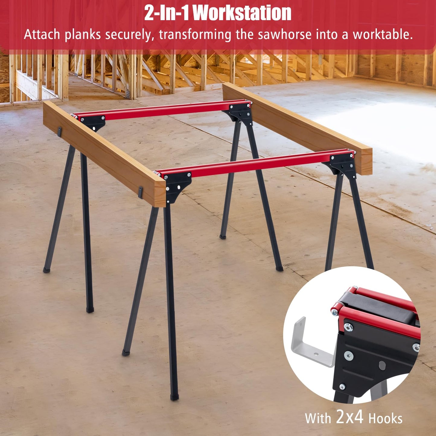 2 Pack Portable Saw Horse Work Table with Quick Open Legs and Support Arms