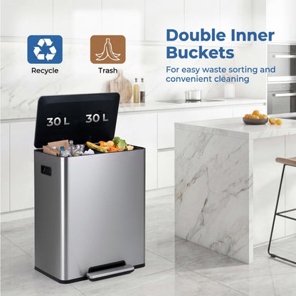 60L Trash Can Stainless Steel Garbage Can with 2 Removable Inner Buckets