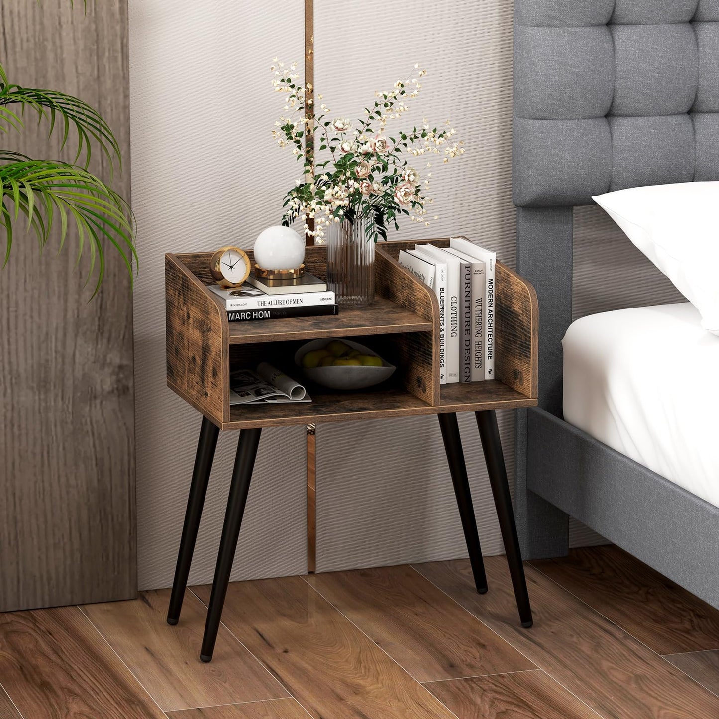 2-Tier Mid Century Modern Nightstand with Open Shelves