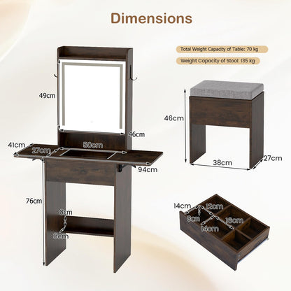 Small Dressing Table with 3-Color LED Lights Mirror and Stool