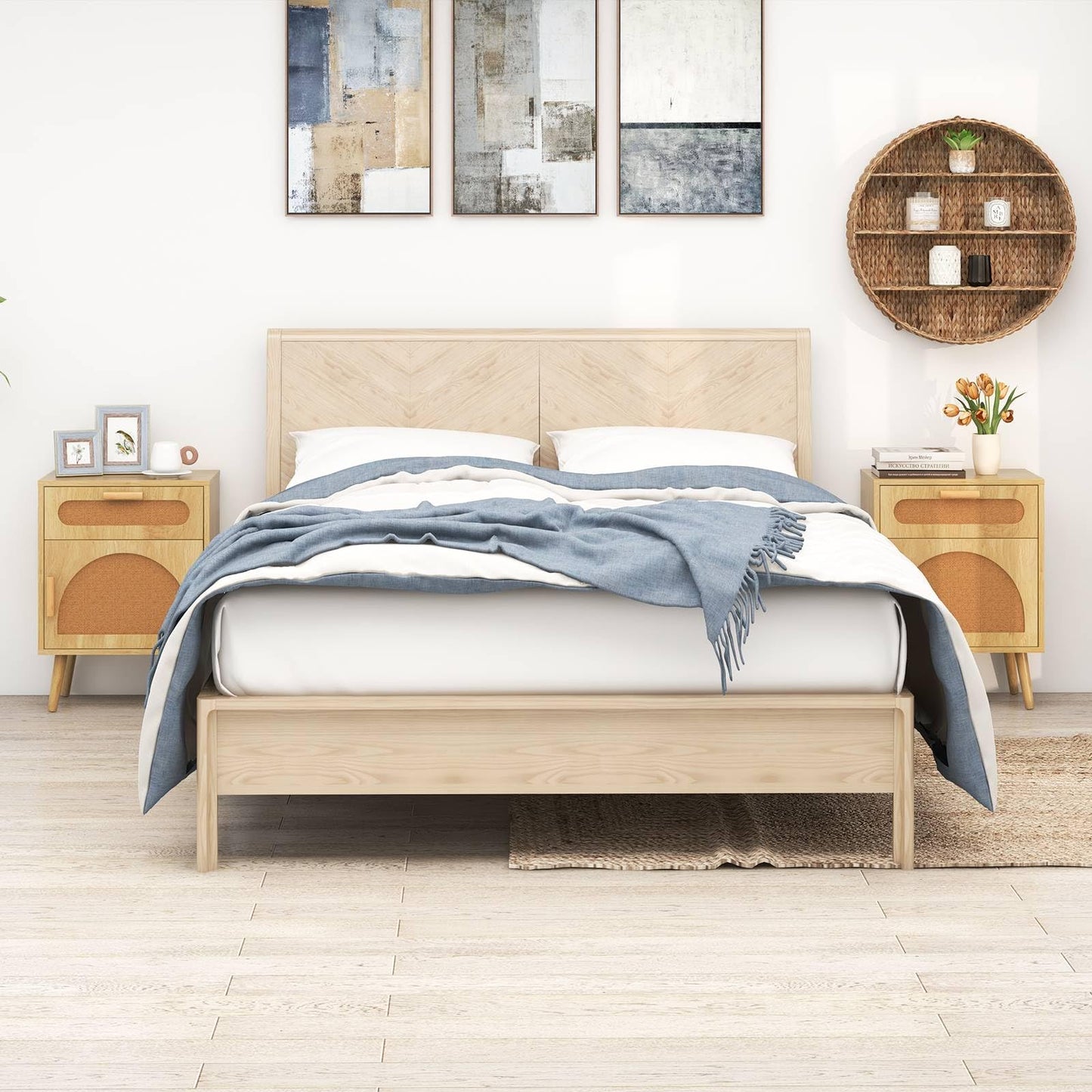 Rattan Nightstand Boho Bedside Table with Rattan-decorated Door