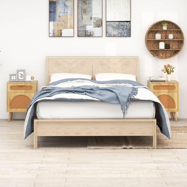 Rattan Nightstand Boho Bedside Table with Rattan-decorated Door