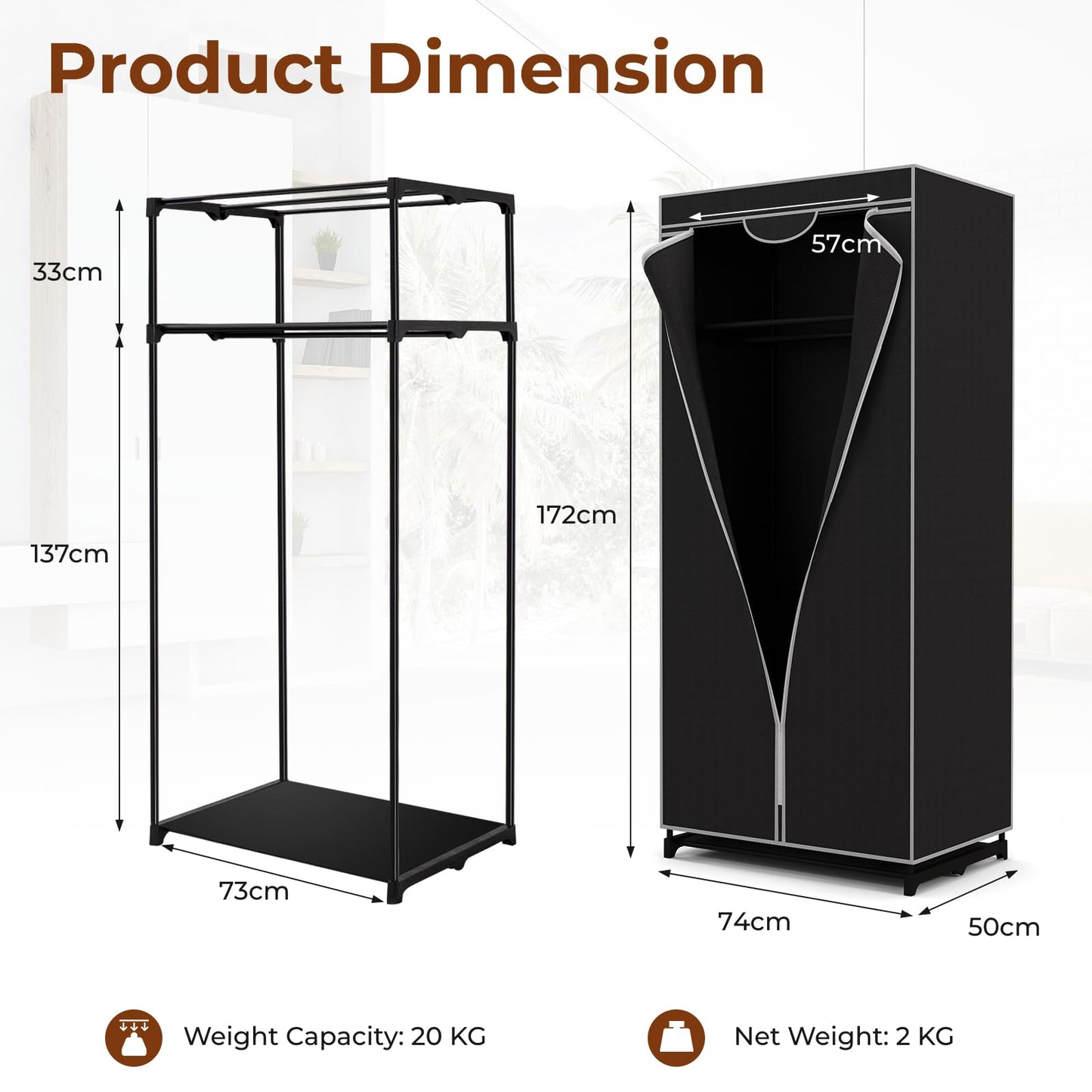 Portable Single Clothes Closet with Hanging Rail