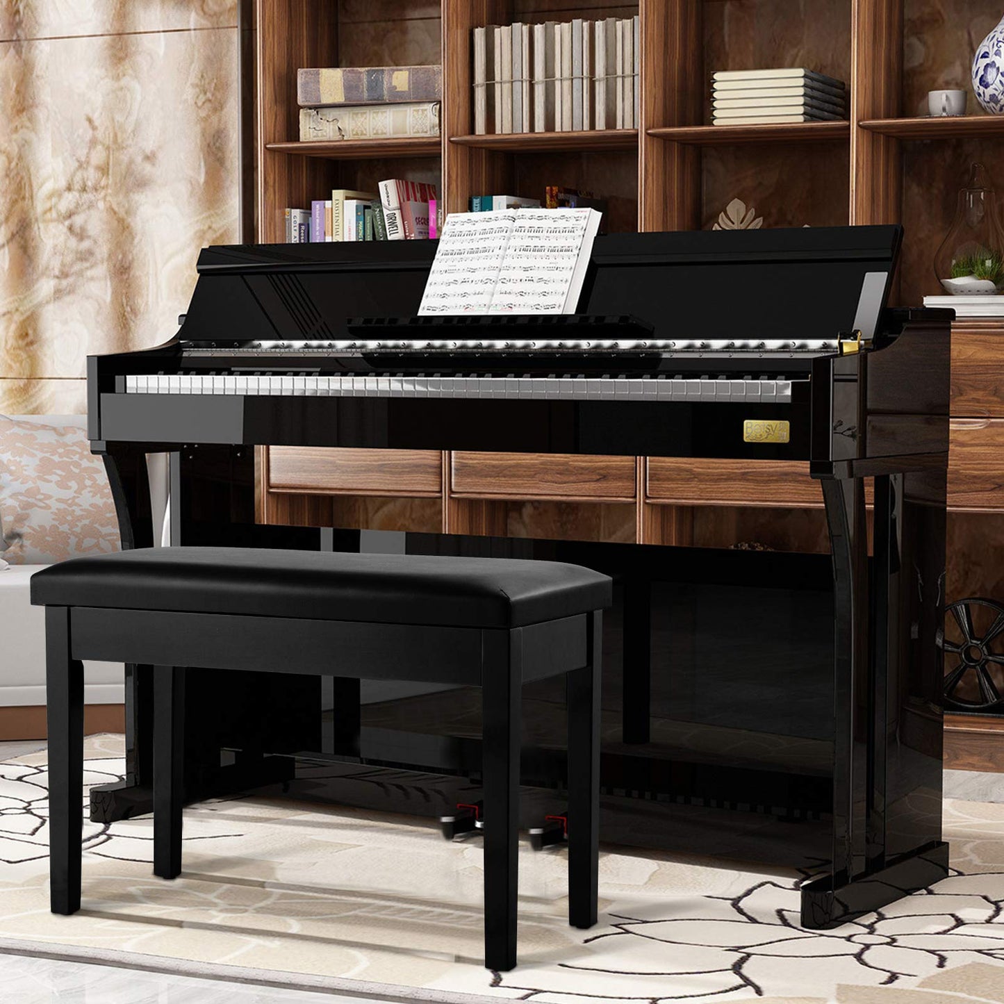 Leather Piano Bench with Storage Compartment and Wooden Legs