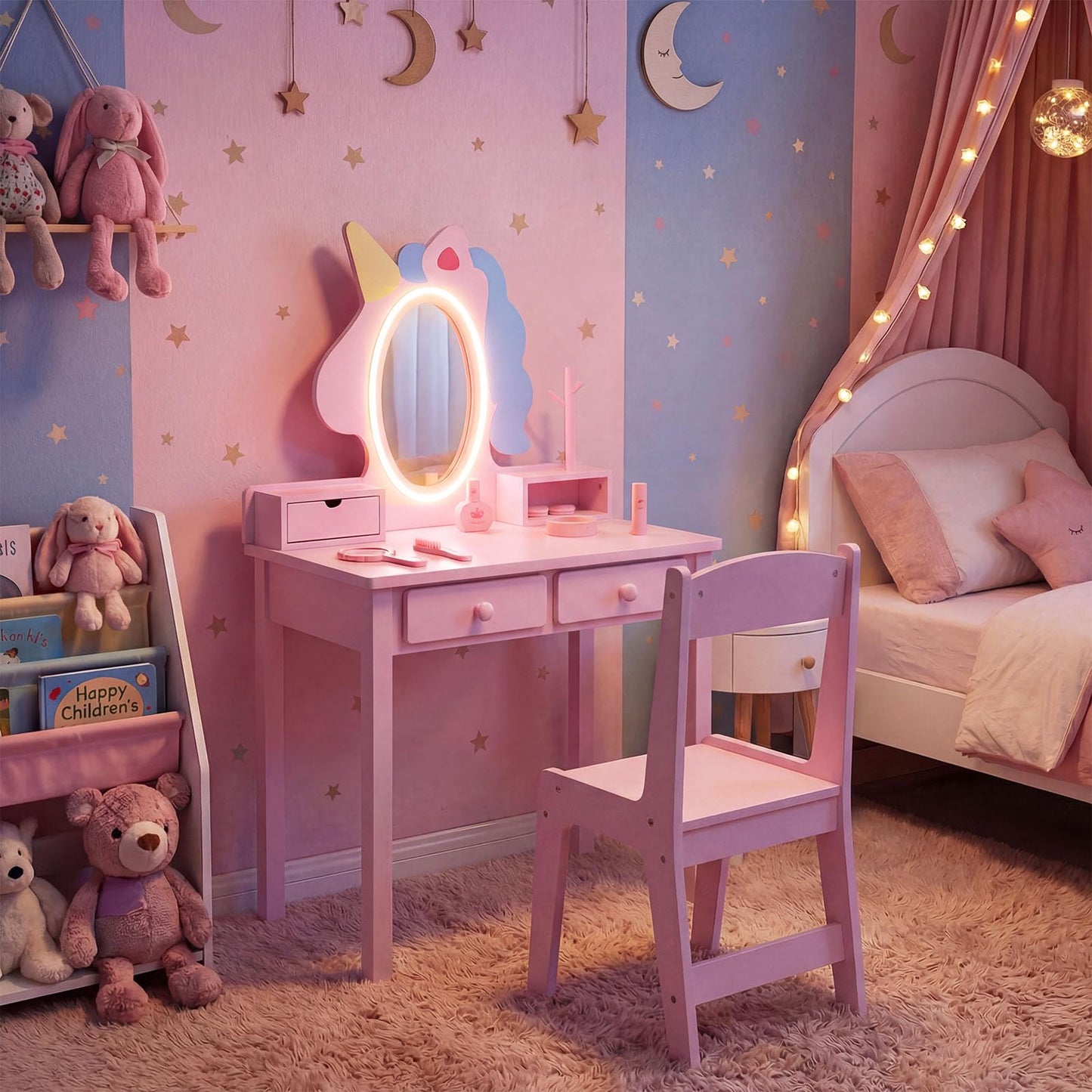 Kids Vanity Set with Lighted Unicorn Mirror & Stool and Jewelry Rack for Girls
