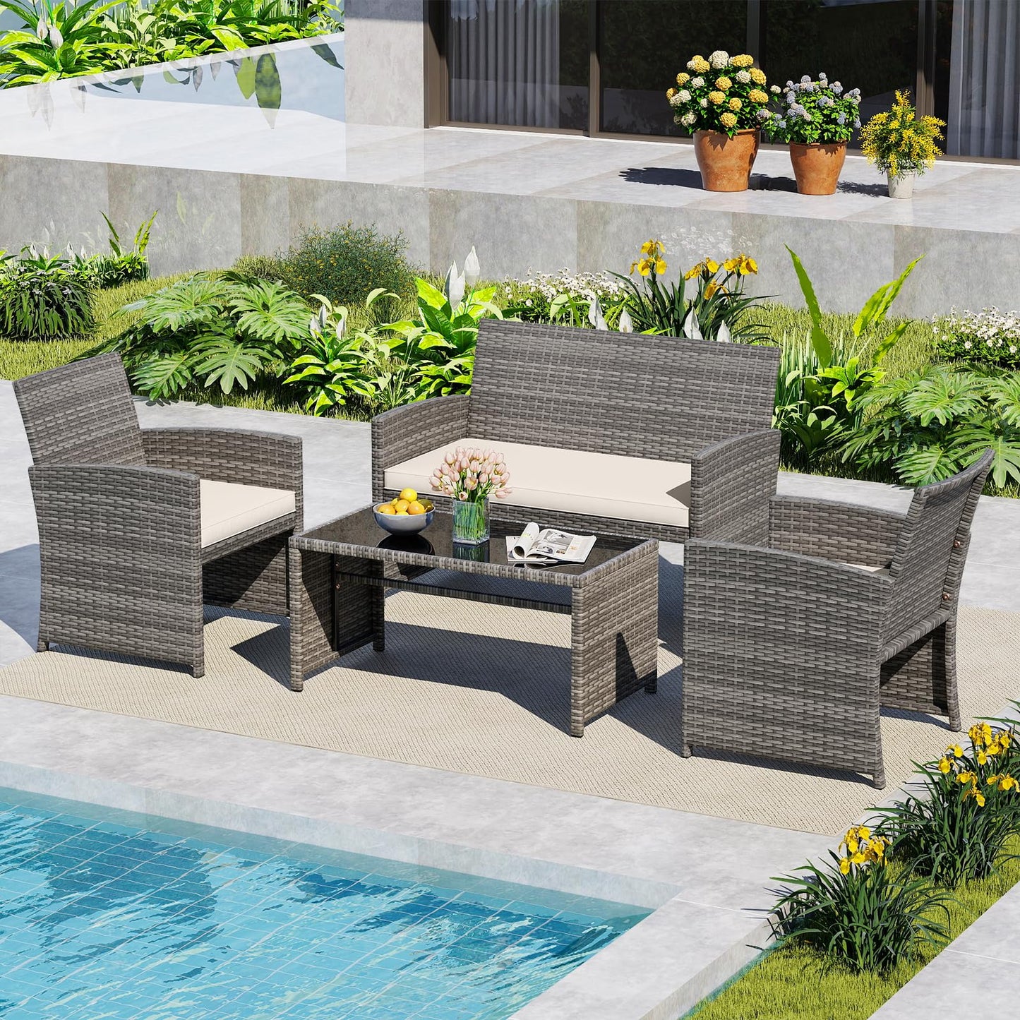 4 Piece Patio Conversation Set Rattan Chair Loveseat and Table Set with Seat Cushions