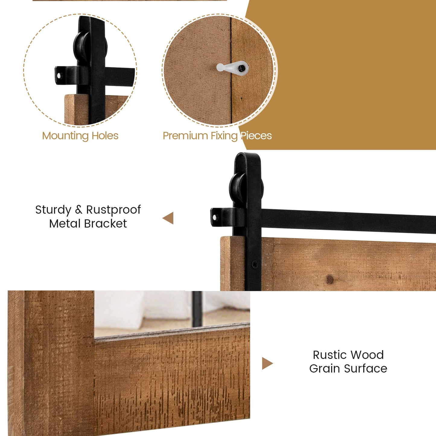 Wall Mounted Mirror with Solid Wood Frame and Metal Bracket