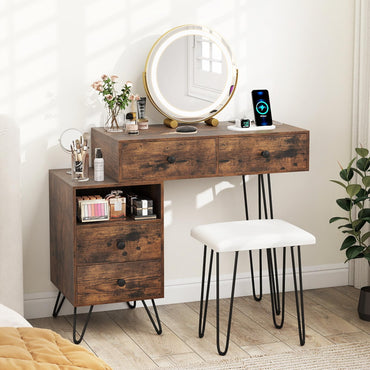 Dressing Table with 360° Rotation LED Mirror and Stool, Makeup Table Vanity Desk Set with Charging Station