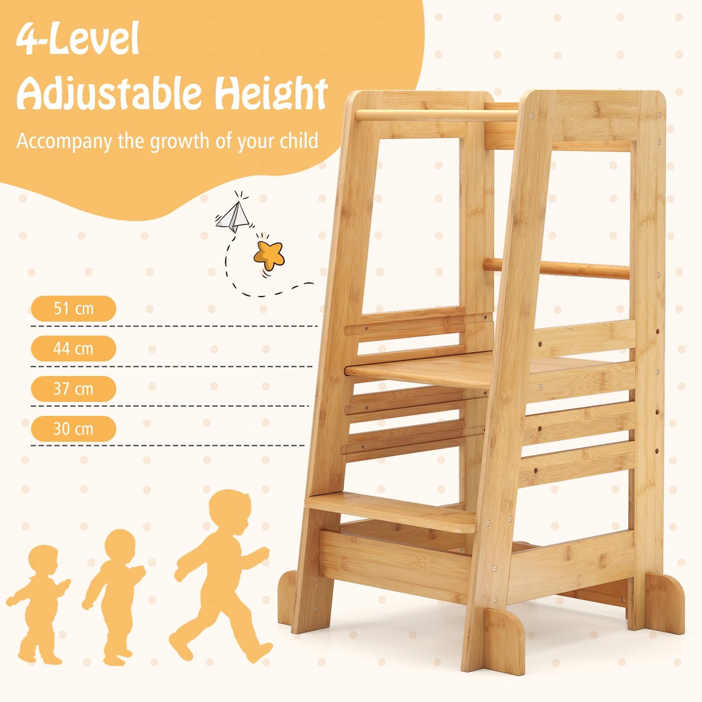Bamboo Kids Step Stool with Height Adjustable Platform and Safety Rail