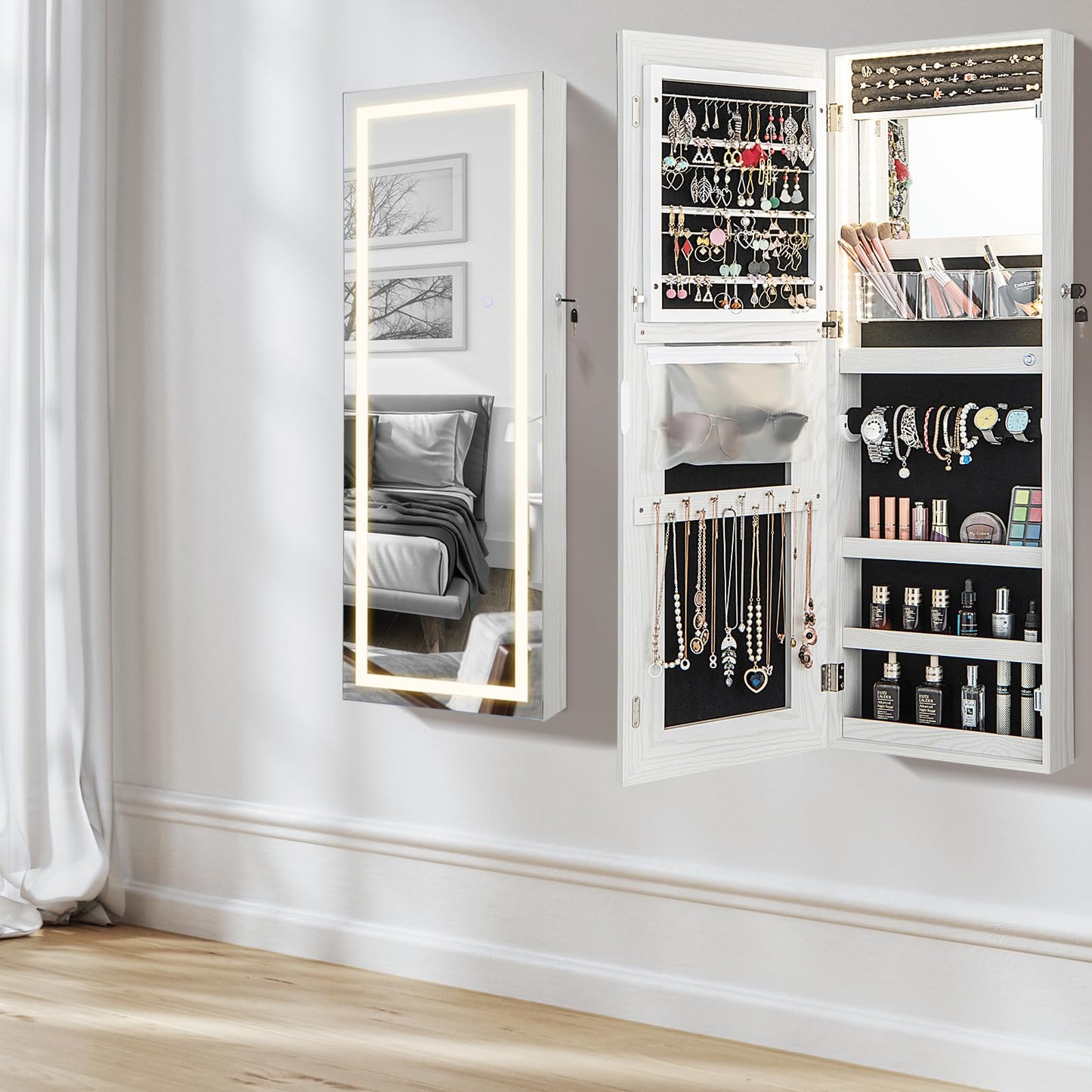 108cm Lockable Jewelry Mirror Cabinet with 3-Color LED Lights