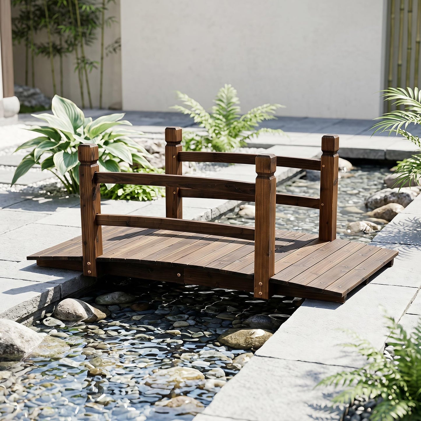 1.25M Wooden Garden Bridge, Decorative Pond Bridges with Safety Railings
