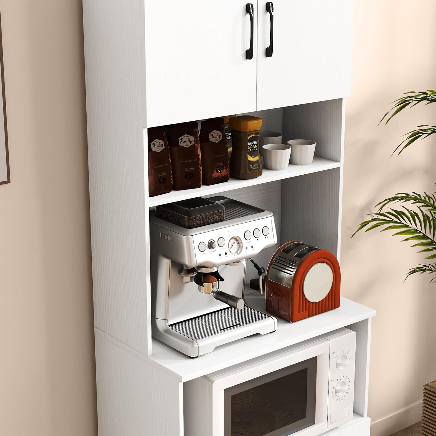 Pantry Cabinet with Power Outlets Freestanding Narrow Kitchen Hutch with 4 Doors