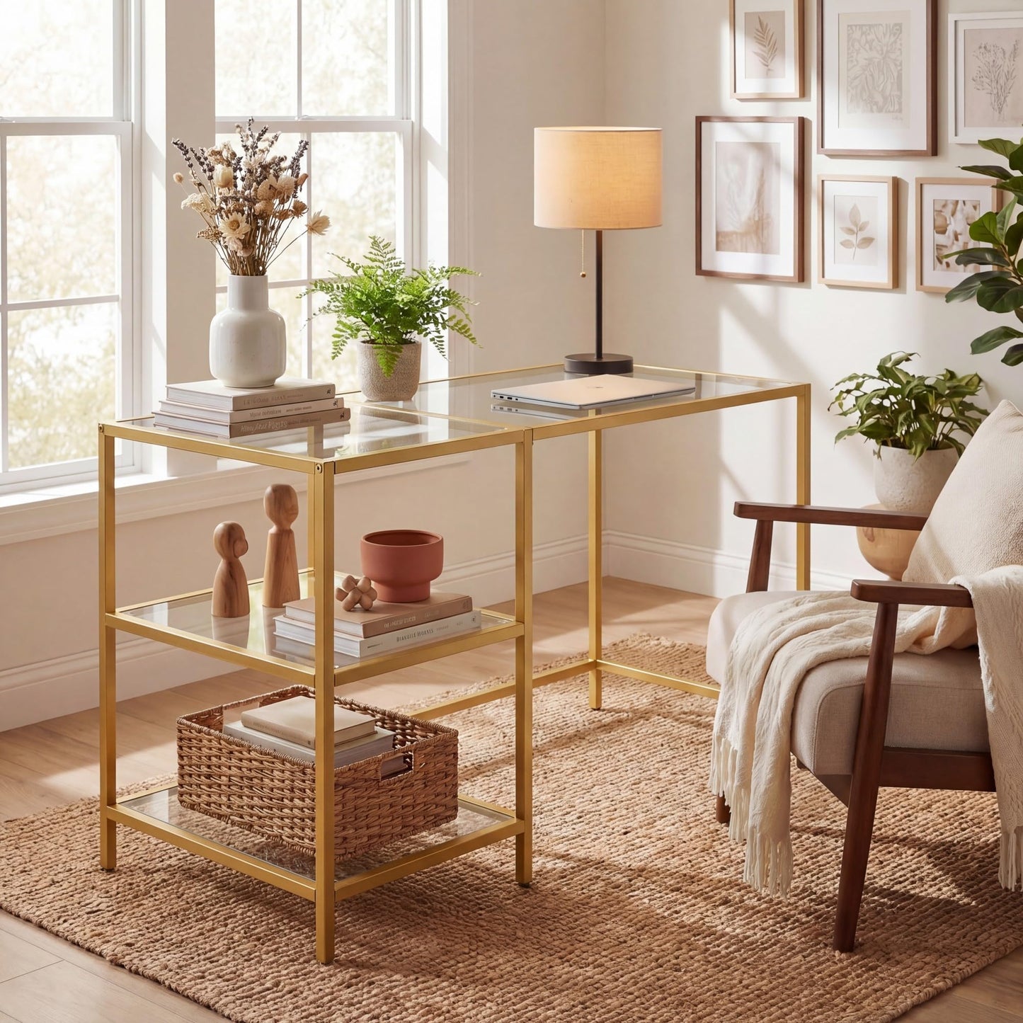 Tempered Glass Computer Desk Modern Office Desk with Open Storage Shelves