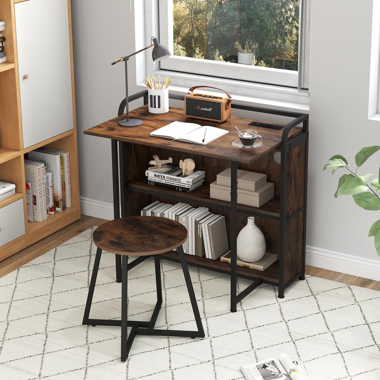 90 cm Folding Desk with Stool, Portable Computer Desk and Stool Set