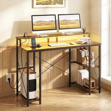 120 cm Computer Desk with Charging Station LED Lights and Storage Shelves