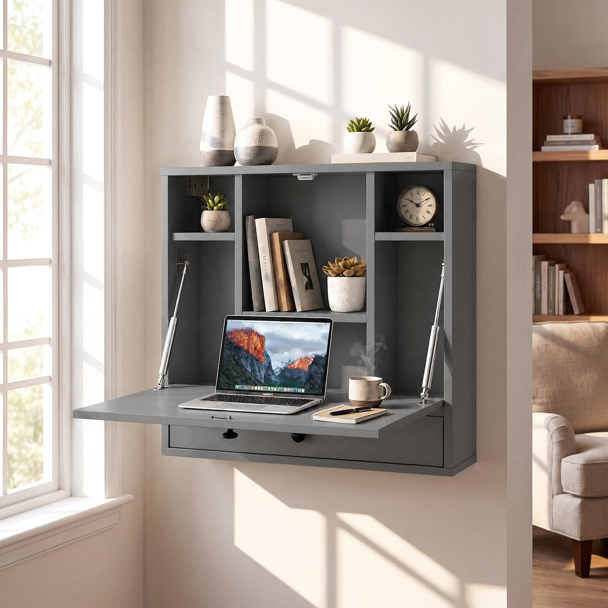 Wall-Mounted Fold-Down Desk Floating Computer Workstation with Drawer and 6 Cubes