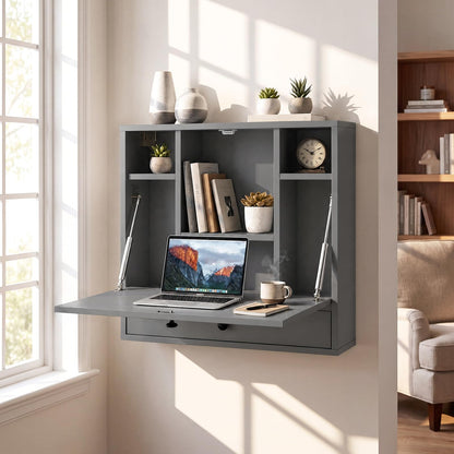 Wall-Mounted Fold-Down Desk Floating Computer Workstation with Drawer and 6 Cubes