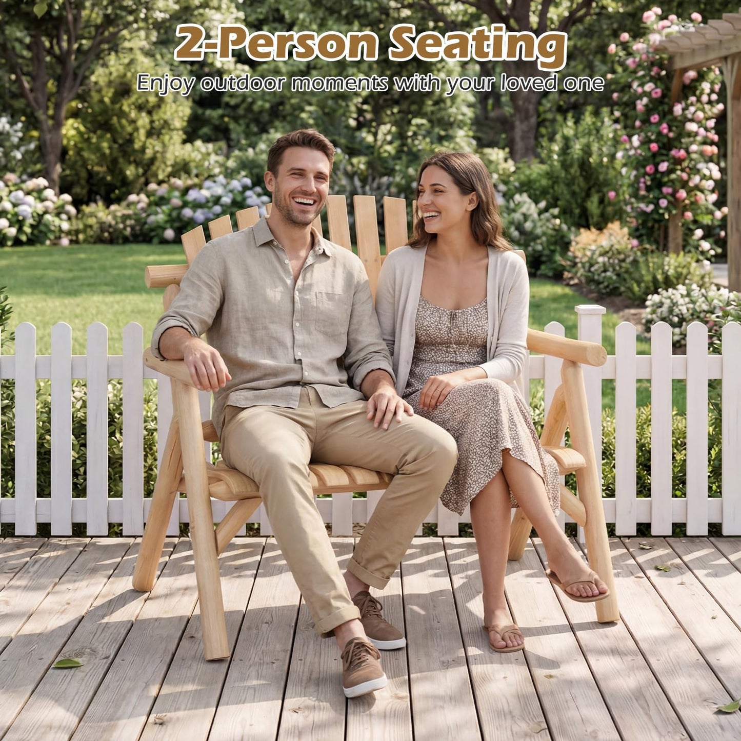 2-PersonLog Wood Patio Bench with Slatted Backrest Built-in Armrest and Curved Seat