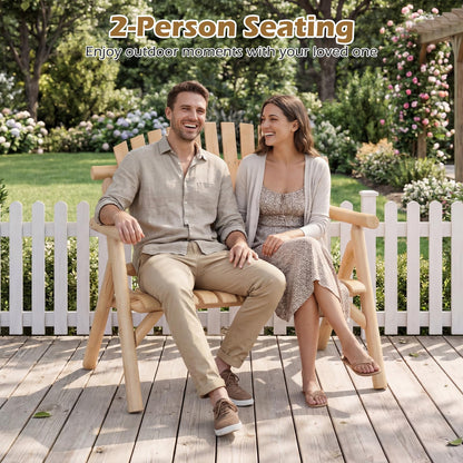2-PersonLog Wood Patio Bench with Slatted Backrest Built-in Armrest and Curved Seat