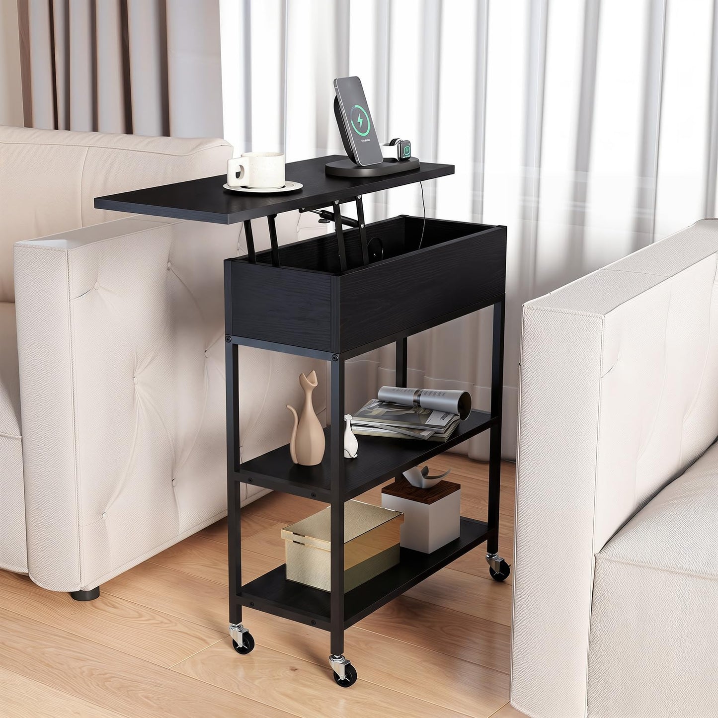 Rolling Lift Top End Table with Charging Station & Hidden Compartment for Living Room