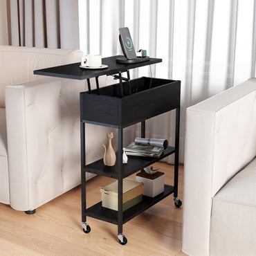 Rolling Lift Top End Table with Charging Station & Hidden Compartment for Living Room
