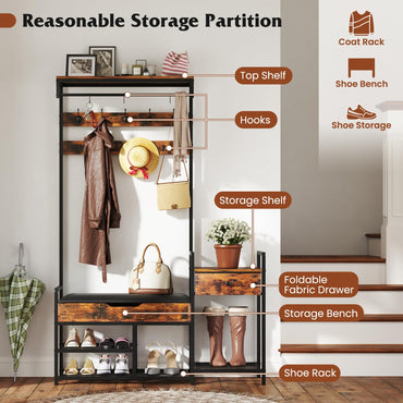 Freestanding Coat Rack with Shoe Rack and Storage Shelf