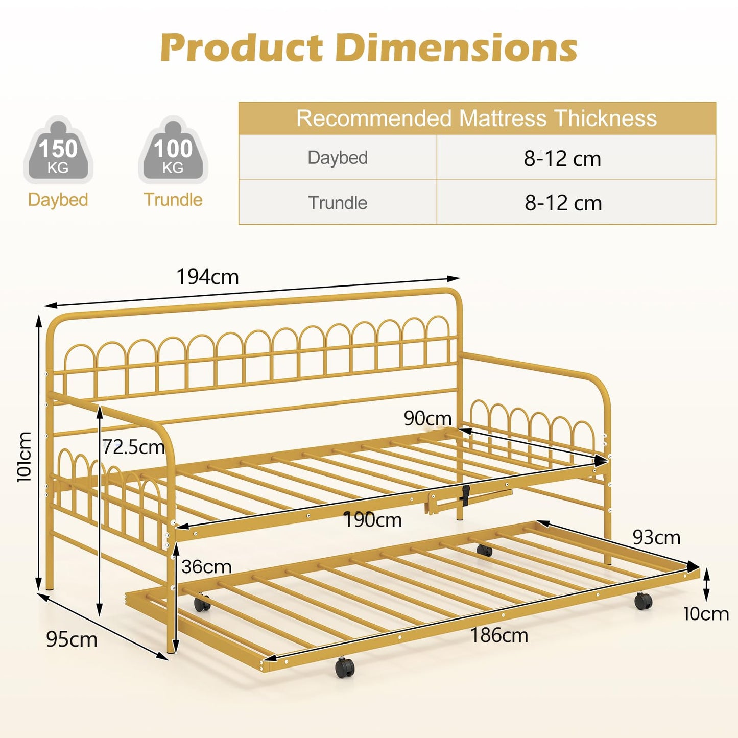 Single Daybed with Trundle and Curved Backrest and Armrests No Box Spring Needed