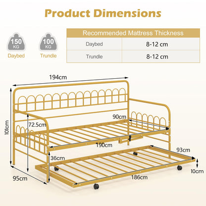 Single Daybed with Trundle and Curved Backrest and Armrests No Box Spring Needed