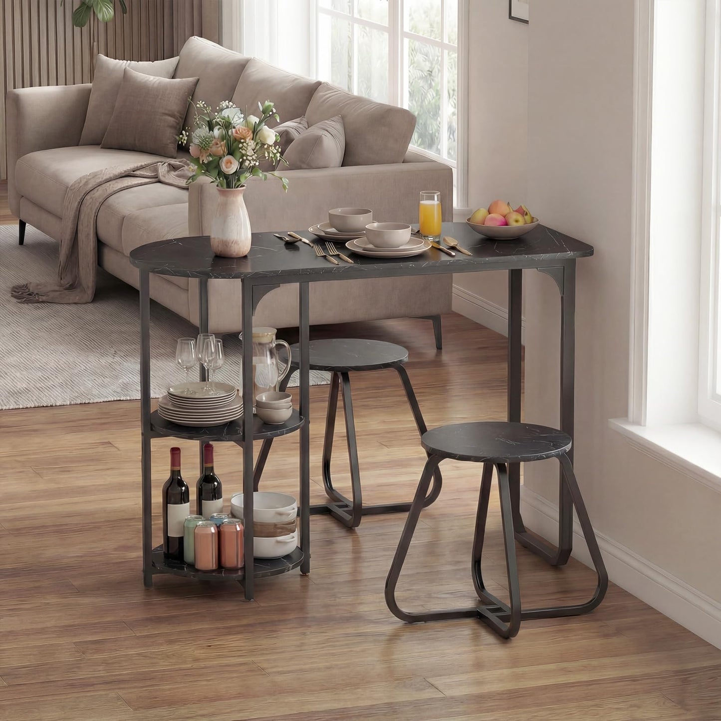 GiantexUK 3-Piece Dining Table Set, Wooden Kitchen Table and Stools