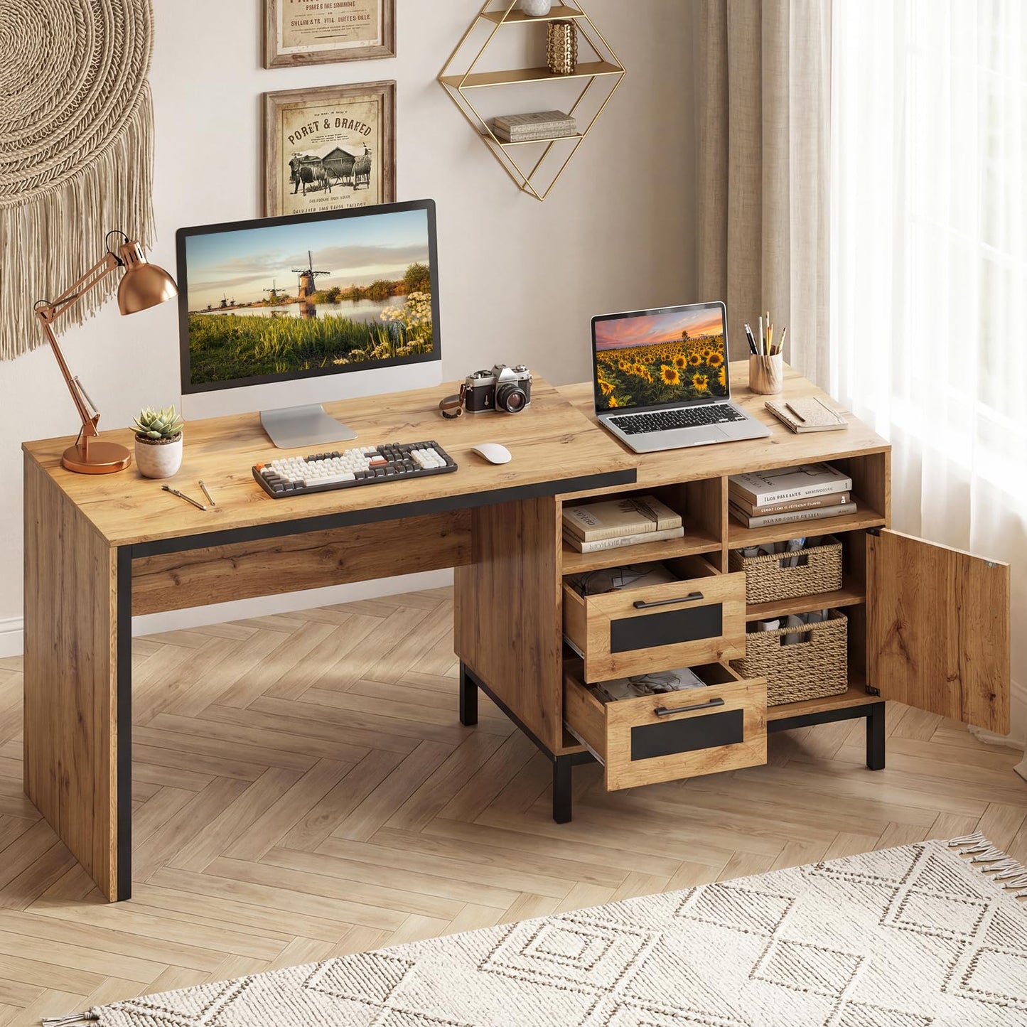 180cm Large Computer Desk, Wooden Executive Desk Writing Workstation