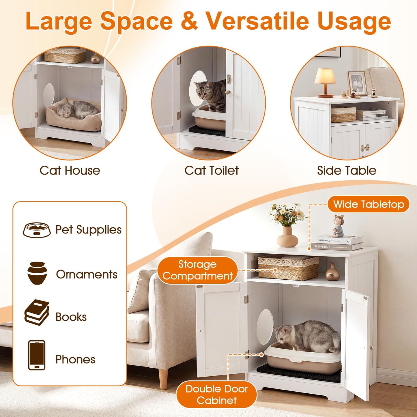 Cat Litter Box Enclosure, Wooden Kitty Hidden Washroom Furniture