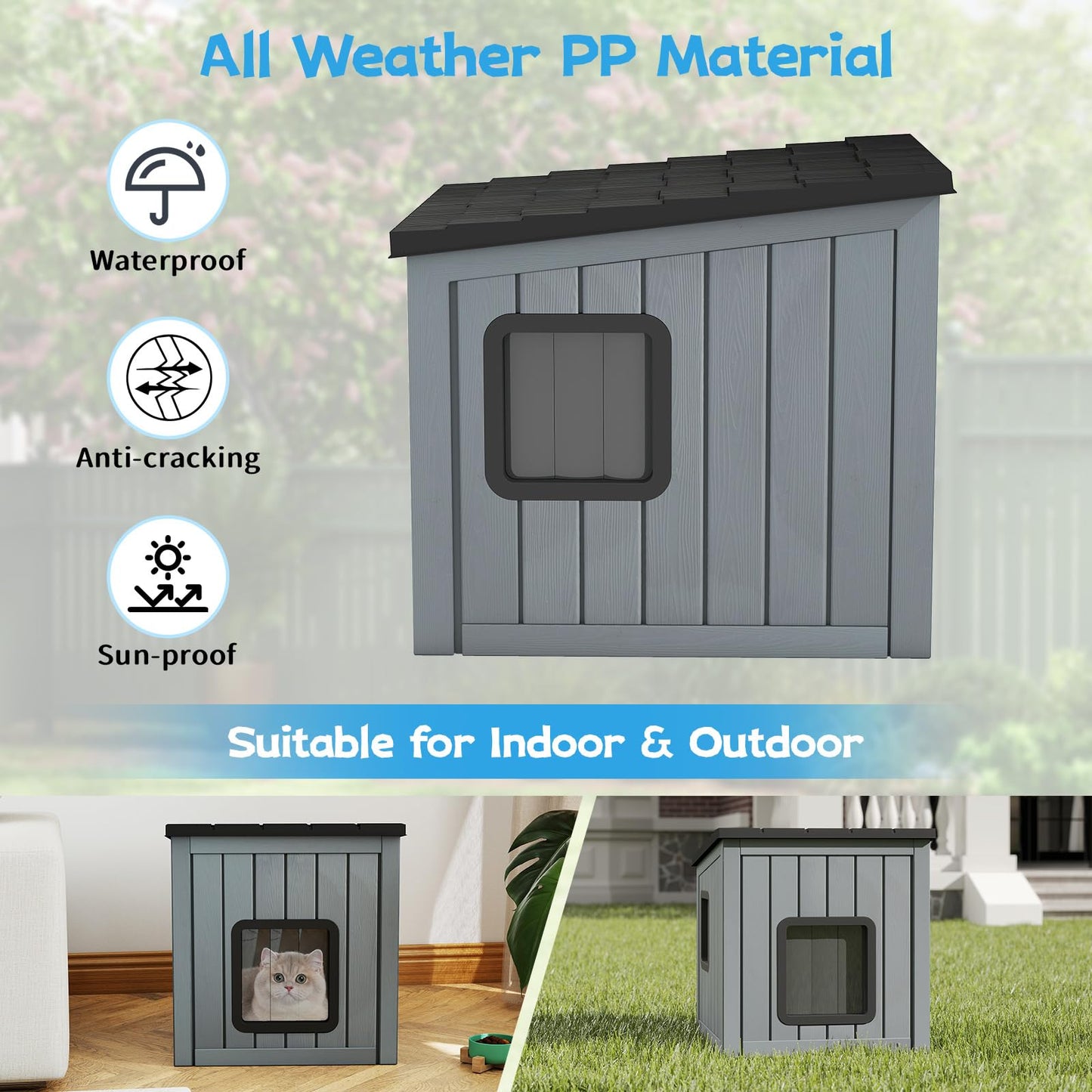 Cat House Pet Kennel with 2 PVC Doors and Sloped Roof