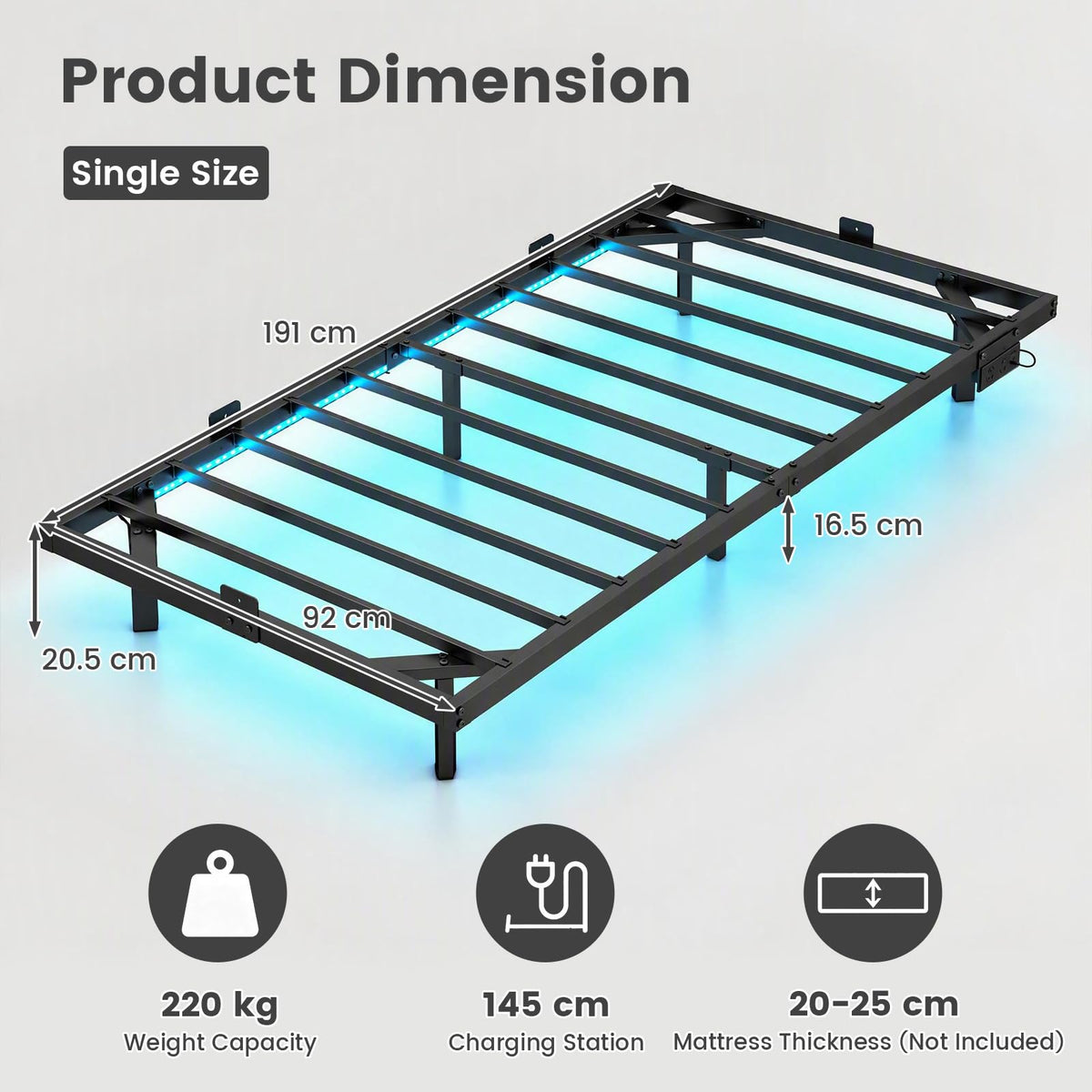 Floating Bed Frame with LED Lights and Charging Station Mattress Slide Stopper